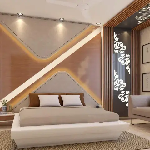 Render of a bedroom with a diagonal-lit quilted headboard wall, a backlit white floral jaali divider screening a sofa nook