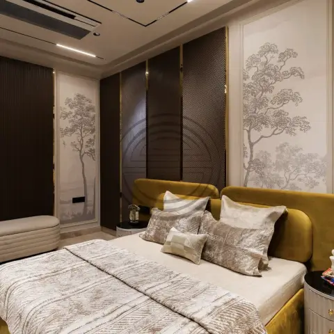 Render of a bedroom with a mustard-yellow velvet upholstered headboard, a fluted dark-wood wardrobe wall with gold trim