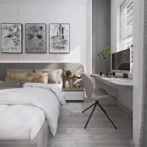 Render of a bedroom with a built-in study desk beside the window, an upholstered swivel chair, and a monochrome city-print gallery wall above the bed.