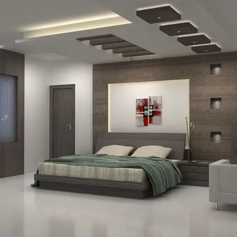 Render of a bedroom with a dark wood-clad accent wall with display niches and a floating box-panel cove-lit false ceiling.