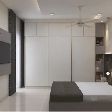 Render of a bedroom with a white gold-trimmed wardrobe wall, a textured grey plaster headboard wall with a built-in display niche