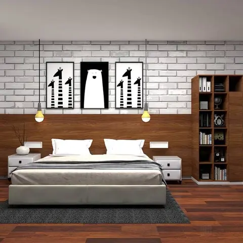 Render of a bedroom with a white brick and wood-panelled headboard wall, exposed bulb pendant lights, framed black-and-white animal prints