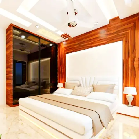 Render of a bedroom with a rich wood-veneer wall framing an upholstered white headboard, a mirrored sliding wardrobe reflecting the room