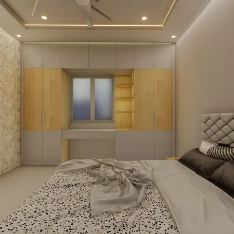 Render of a bedroom with a diamond-tufted grey upholstered headboard, floral wallpaper on the side wall