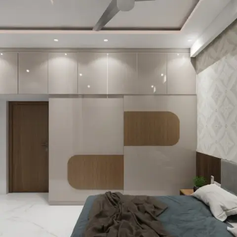 Render of a bedroom with a grey upholstered headboard against a diamond-pattern wallpaper wall
