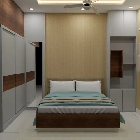 Render of a bedroom with a textured mustard wallpaper headboard wall, a sliding-door wardrobe with wood-grain inlay, a floating display niche