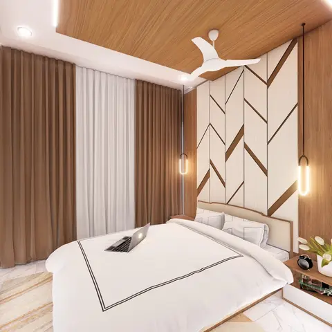Render of a bedroom with a chevron-pattern wood-and-white panelled headboard wall, a wood-clad ceiling and drop pendant lights flanking the bed.