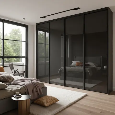 Render of a bedroom with a full-height glossy black sliding wardrobe wall reflecting the bed, a steel-framed window seating nook