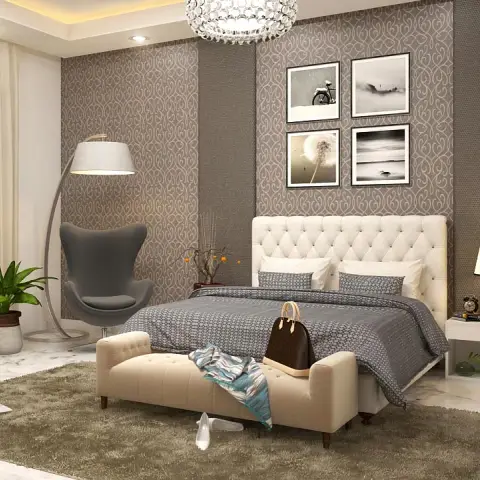 Render of a bedroom with a buttoned cream tufted headboard against grey damask wallpaper, a four-print grid above the bed