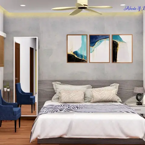 Render of a bedroom with a grey textured feature wall hung with a three-panel abstract art set, a grey upholstered bed
