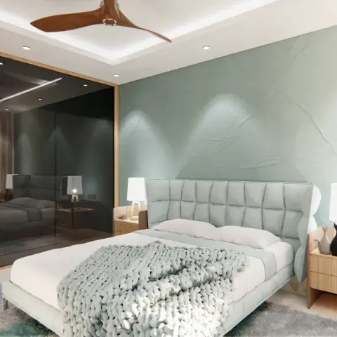 Render of a bedroom with a textured sage-green accent wall, a grey tufted headboard, and a black glossy mirrored wardrobe.