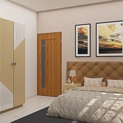 Render of a bedroom with a diamond-tufted tan headboard, a triptych of sunset photography above the bed, and a light-wood four-door wardrobe