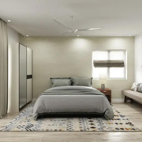 Render of a bedroom with a textured wallpaper headboard wall, a mirrored wardrobe, wood-look flooring and a patterned rug at the foot of the bed.