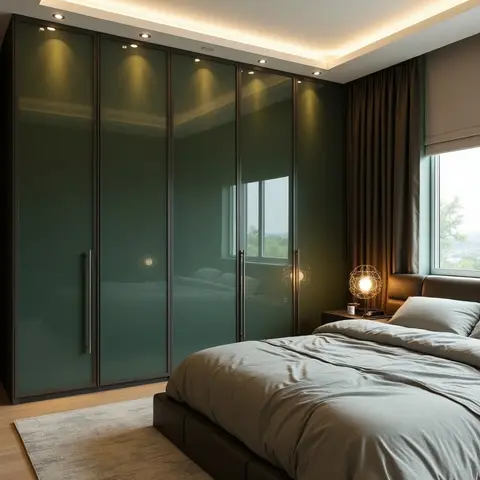 Render of a bedroom with a floor-to-ceiling glossy dark-green wardrobe wall, cove-lit ceiling, a wire-cage bedside lamp, and grey bedding beneath a window view.