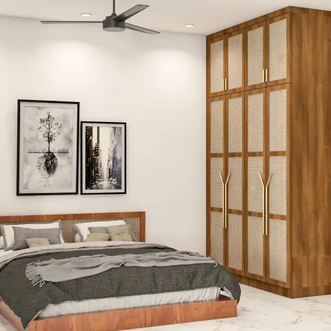 Render of a bedroom with a matching cane-and-wood bed and floor-to-ceiling wardrobe with brass Y-shaped handles