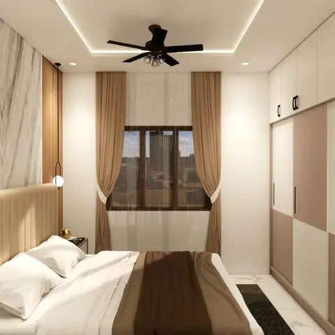 Render of a bedroom with a book-matched marble headboard wall, a color-blocked pink and white sliding wardrobe, twin pendant lights, and a cove-lit ceiling.