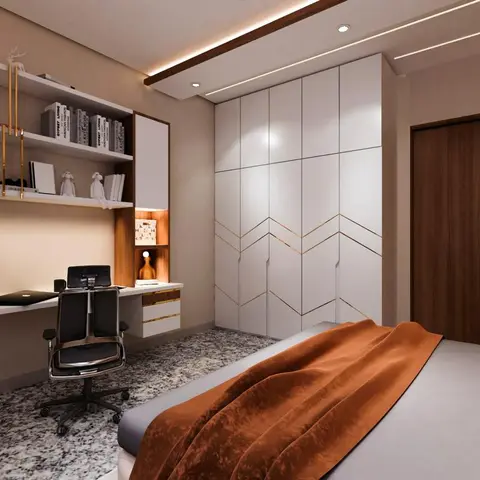 Render of a bedroom with a white wardrobe featuring gold chevron inlay, a built-in study desk with open shelving, and a rust-orange throw on the bed.