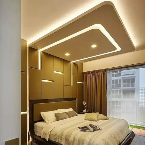 Render of a bedroom with a gold 3D-panelled accent wall that wraps into a cove-lit box ceiling above the bed, and floor-to-ceiling city-view windows.