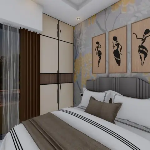 Render of a bedroom with a scalloped grey upholstered headboard, a tribal-dancer wall art triptych