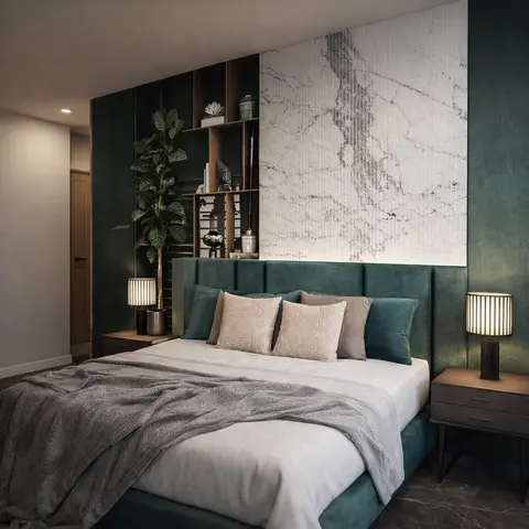 Render of a bedroom with a deep green channel-tufted velvet headboard wall, a marble panel insert above, an open wood display shelf