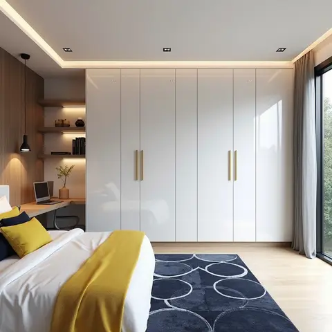 Render of a bedroom with a full-wall glossy white wardrobe with brass handles, a built-in study nook, and a navy circle-pattern rug.