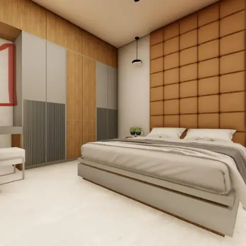 Render of a bedroom with a tan quilted leather headboard wall panel, a wood-and-grey fluted wardrobe, and a dressing nook with mirror and stool