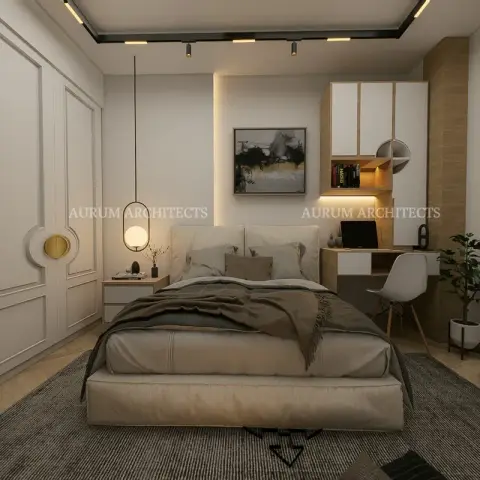 Render of a bedroom with a panel-moulded white wardrobe with a circular brass pull, a beige upholstered bed, a built-in study desk and shelving combo