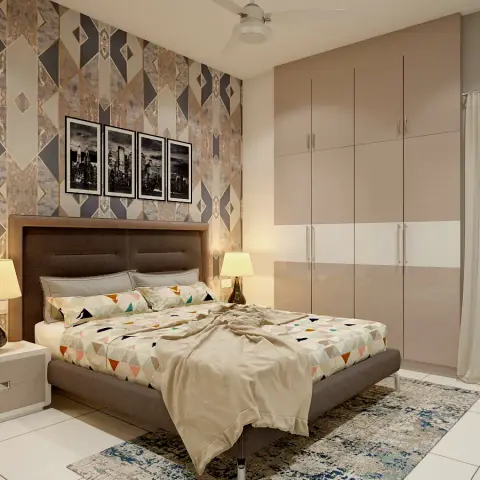 Render of a bedroom with a grey-and-gold diamond geometric wallpaper behind a brown upholstered bed
