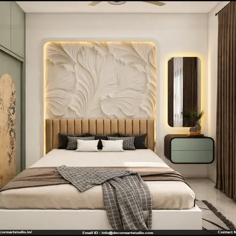 Render of a bedroom with a sculpted 3D feather-textured wall panel headboard backdrop, a sage-green wardrobe with floral inlay sliding doors