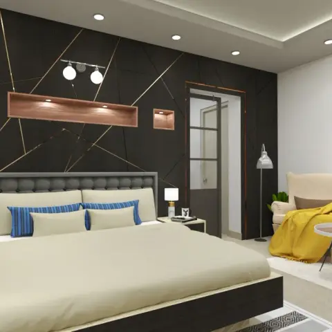 Render of a bedroom with a black geometric gold-line accent wall behind a tufted grey headboard