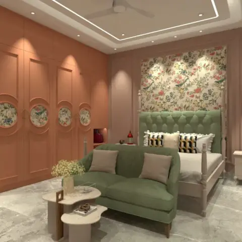 Render of a bedroom with a tufted sage-green upholstered bed against a floral wallpaper alcove
