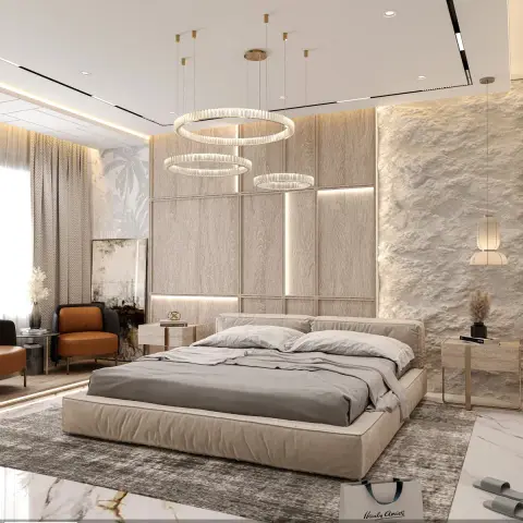 Render of a bedroom with a fluted wood-panelled headboard wall beside raw stone cladding, layered crystal ring pendants, and a burnt-orange accent armchair.