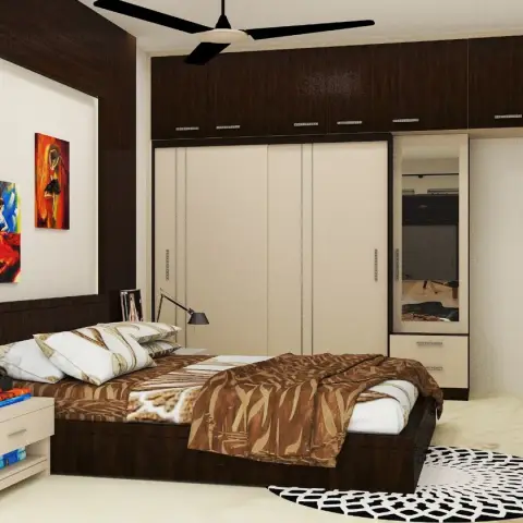 Render of a bedroom with a wenge-and-cream sliding wardrobe under a full run of loft shutters