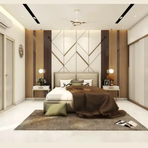 Render of a bedroom with a gold linear geometric headboard wall flanked by fluted wood panelling, globe pendant lights over matching nightstands, and a shag rug