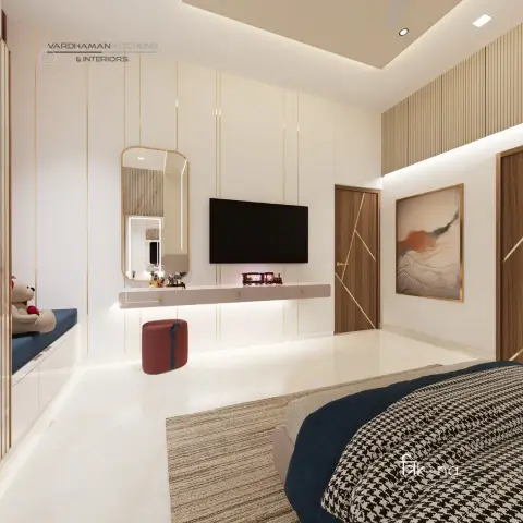 Render of a bedroom with a gold-lined panelled TV wall, an oval vanity mirror, and a navy tufted window-seat bench beside a houndstooth-bedded bed.
