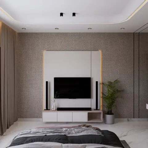 Render of a bedroom with a patterned taupe wallpaper feature wall, a backlit floating TV unit, layered sheer and blackout curtains, and a marble floor