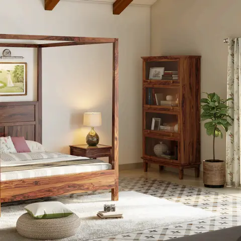Render of a bedroom with a four-poster sheesham wood canopy bed, matching wood bedside tables and bookshelf cabinet