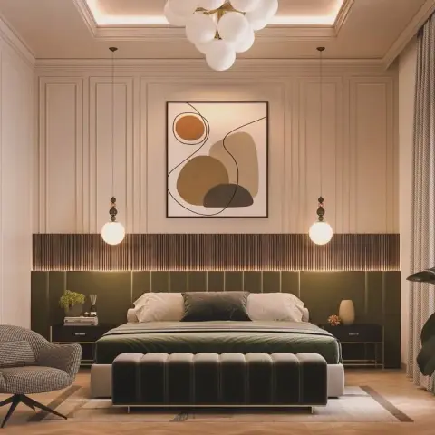 Render of a bedroom with an olive velvet headboard wall under a fluted timber band, ivory moulded panelling