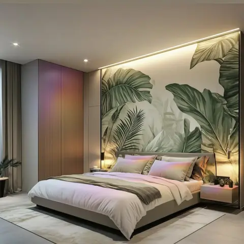 Render of a bedroom with an oversized tropical banana-leaf mural filling the headboard wall inside a slim backlit metal frame