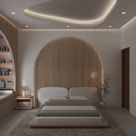 Render of a bedroom with an arched wood-panelled headboard wall, a freeform organic cove ceiling