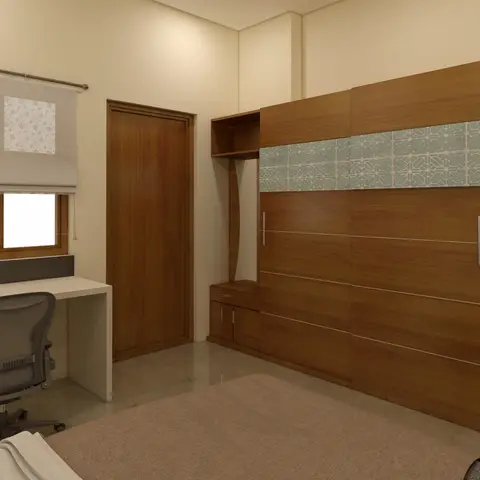Render of a bedroom with an attached study nook: a walnut wardrobe wall with a patterned tile-effect inset panel beside a built-in desk and bookshelf.