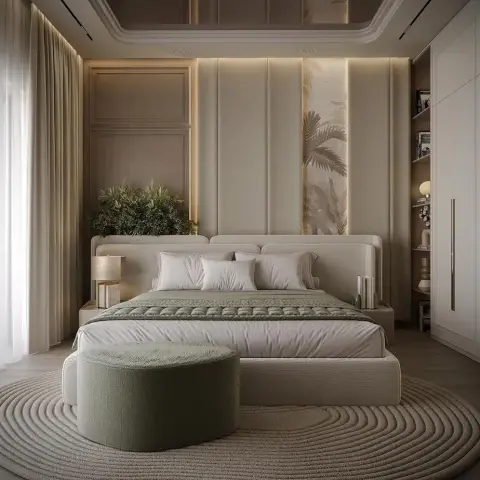 Render of a bedroom with an upholstered and wood-trimmed headboard wall featuring a palm-leaf mural panel, a glossy reflective ceiling