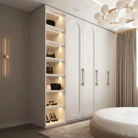 Render of a bedroom with an arched-panel white wardrobe featuring lit open shelving styled with handbags and shoes, a round bed, herringbone parquet flooring