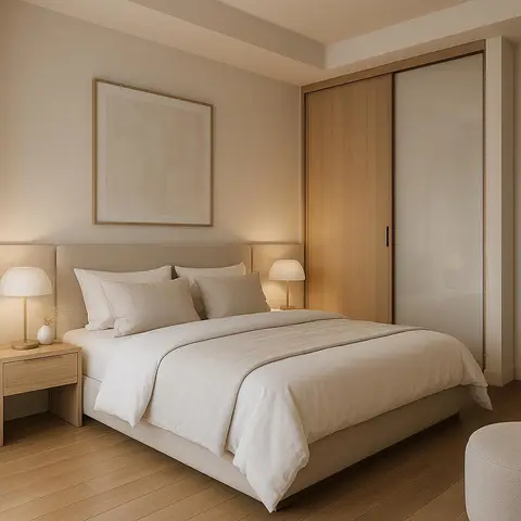 Render of a bedroom with an upholstered beige bed, a wood-and-frosted-glass sliding wardrobe, matching bedside table lamps
