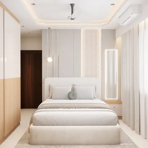 Render of a bedroom with an upholstered storage bed, a wood-and-white wardrobe, a backlit full-length mirror and a globe pendant against a fluted feature wall.