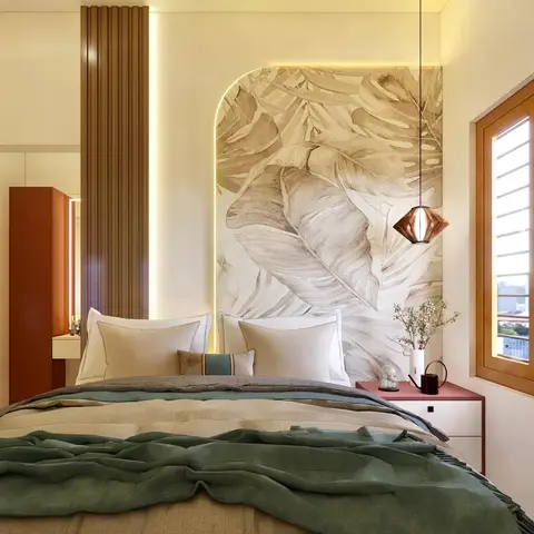 Render of a bedroom with an arched botanical-print wallpaper headboard wall, a geometric wood pendant light, and a terracotta bedside table.