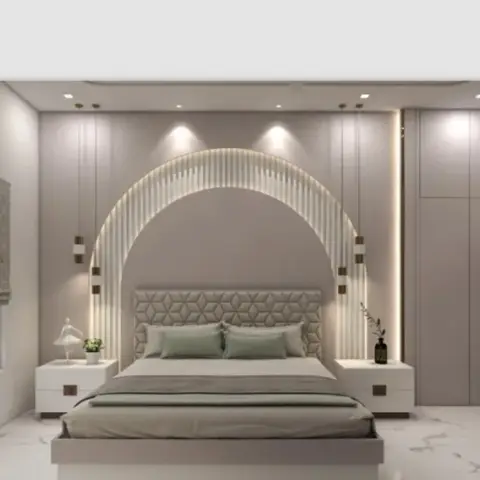 Render of a bedroom with an arched fluted alcove behind a geometric-pattern upholstered headboard, flanked by drop pendant lights, sage green bedding