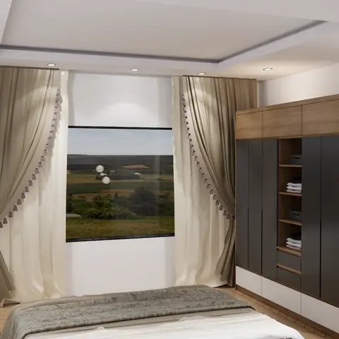 Render of a bedroom with beige tasseled drapery curtains and a grey-and-wood wardrobe with an open shelf displaying folded linen.