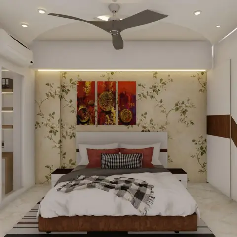 Render of a bedroom with cream floral-trail wallpaper behind a white platform bed, a red-and-gold abstract triptych over the headboard