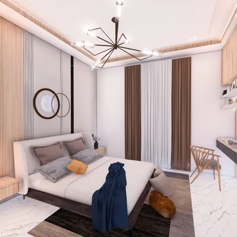 Render of a bedroom with light-wood slat wall panelling, an asymmetric round mirror duo, a sculptural branching pendant light